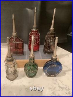 Lot of 6 Vintage Moroccan Glass Perfume Bottles with Metal Overlay Ornate Decor