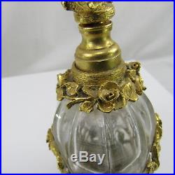 Matson Crystal Ormolu Gold Metal Filigree Roses Perfume Bottle K825 Vintage