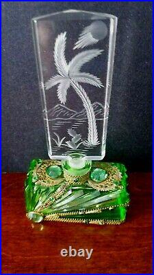 Morlee Vintage Czech Perfume Bottle Ormulu Semi Precious Stones Signed+etched