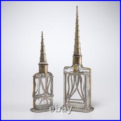 Moroccan Vtg Clear Glass Metal Spire Perfume Oil Sprinkler Bottle Pair