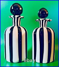 Murano Perfumes Two Black and White Striped Vintage Bottles with Stoppers