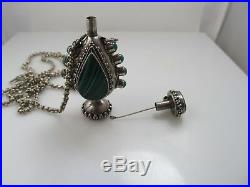 Neat Large Vintage Perfume Bottle Necklace Intaglio Malachite Sterling Silver