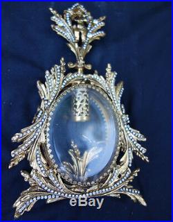 Ormolu Vintage Vanity JEWELED Gilt Perfume Bottle Matson glass cherub Bird leafs