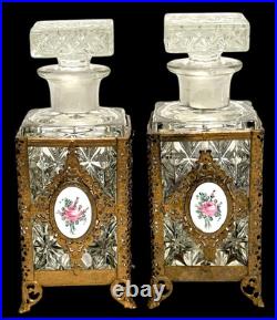 Pair Antique/Vintage Gold Filigree Rose Enamel Decorated Cologne Perfume Bottles
