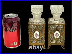 Pair Antique/Vintage Gold Filigree Rose Enamel Decorated Cologne Perfume Bottles