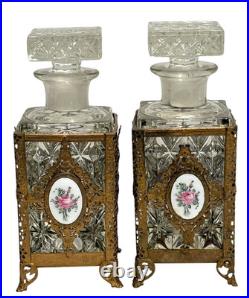 Pair Antique/Vintage Gold Filigree Rose Enamel Decorated Cologne Perfume Bottles