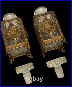 Pair Antique/Vintage Gold Filigree Rose Enamel Decorated Cologne Perfume Bottles