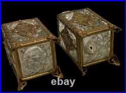 Pair Antique/Vintage Gold Filigree Rose Enamel Decorated Cologne Perfume Bottles