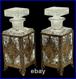 Pair Antique/Vintage Gold Filigree Rose Enamel Decorated Cologne Perfume Bottles