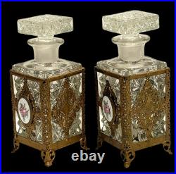 Pair Antique/Vintage Gold Filigree Rose Enamel Decorated Cologne Perfume Bottles