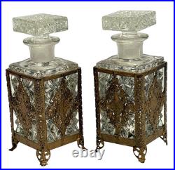 Pair Antique/Vintage Gold Filigree Rose Enamel Decorated Cologne Perfume Bottles