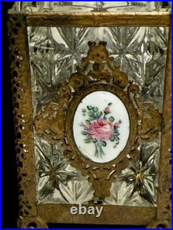 Pair Antique/Vintage Gold Filigree Rose Enamel Decorated Cologne Perfume Bottles