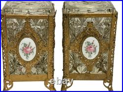 Pair Antique/Vintage Gold Filigree Rose Enamel Decorated Cologne Perfume Bottles