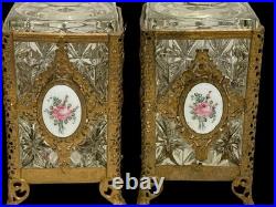Pair Antique/Vintage Gold Filigree Rose Enamel Decorated Cologne Perfume Bottles