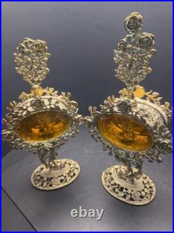Pair Of Vintage Ormolu Large Perfume Bottles With Amber Glass