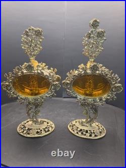 Pair Of Vintage Ormolu Large Perfume Bottles With Amber Glass