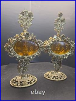 Pair Of Vintage Ormolu Large Perfume Bottles With Amber Glass