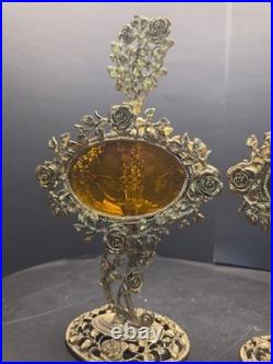 Pair Of Vintage Ormolu Large Perfume Bottles With Amber Glass