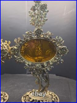 Pair Of Vintage Ormolu Large Perfume Bottles With Amber Glass