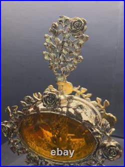 Pair Of Vintage Ormolu Large Perfume Bottles With Amber Glass