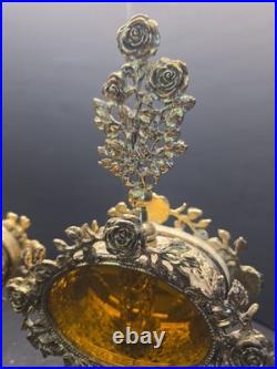 Pair Of Vintage Ormolu Large Perfume Bottles With Amber Glass