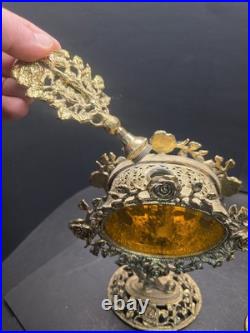 Pair Of Vintage Ormolu Large Perfume Bottles With Amber Glass