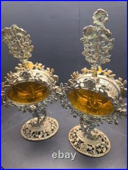 Pair Of Vintage Ormolu Large Perfume Bottles With Amber Glass
