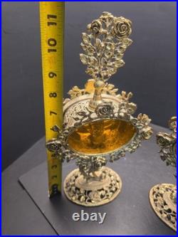 Pair Of Vintage Ormolu Large Perfume Bottles With Amber Glass