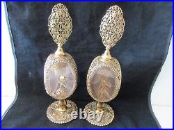 Pair Vintage 10 Filigree Ormolu Triangular Perfume Bottles With Roses Pair Vintage 10 Filigree Ormolu Triangular Perfume Bottles With Roses