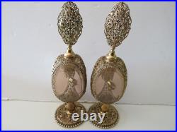Pair Vintage 10 Filigree Ormolu Triangular Perfume Bottles With Roses Pair Vintage 10 Filigree Ormolu Triangular Perfume Bottles With Roses