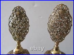 Pair Vintage 10 Filigree Ormolu Triangular Perfume Bottles With Roses Pair Vintage 10 Filigree Ormolu Triangular Perfume Bottles With Roses