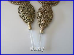 Pair Vintage 10 Filigree Ormolu Triangular Perfume Bottles With Roses Pair Vintage 10 Filigree Ormolu Triangular Perfume Bottles With Roses