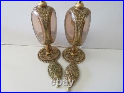 Pair Vintage 10 Filigree Ormolu Triangular Perfume Bottles With Roses Pair Vintage 10 Filigree Ormolu Triangular Perfume Bottles With Roses