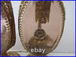 Pair Vintage 10 Filigree Ormolu Triangular Perfume Bottles With Roses Pair Vintage 10 Filigree Ormolu Triangular Perfume Bottles With Roses