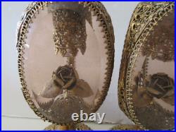 Pair Vintage 10 Filigree Ormolu Triangular Perfume Bottles With Roses Pair Vintage 10 Filigree Ormolu Triangular Perfume Bottles With Roses