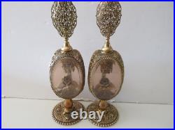 Pair Vintage 10 Filigree Ormolu Triangular Perfume Bottles With Roses Pair Vintage 10 Filigree Ormolu Triangular Perfume Bottles With Roses