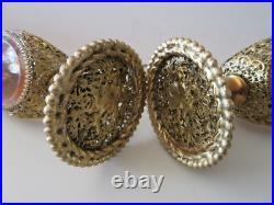 Pair Vintage 10 Filigree Ormolu Triangular Perfume Bottles With Roses Pair Vintage 10 Filigree Ormolu Triangular Perfume Bottles With Roses