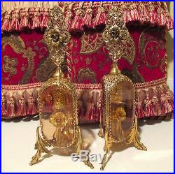 Pair Vintage Filigree Perfume Bottles Beveled Amber Glass Floral Ormolu Antique