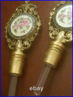 Pair Vintage Gold Ormolu Guilloche Perfume Bottle Putti/ Cherub Stoppers Dauber