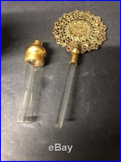 Pair Vintage Ornate Gold Filigree ormolu Perfume Bottles 8 IN TALL
