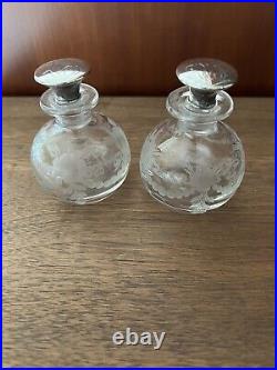 Pair Vtg Hawks Engraved Glass Edwardian Perfume Bottles Sterling Tops, Signed