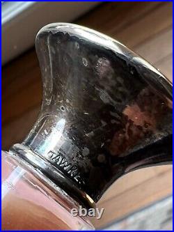 Pair Vtg Hawks Engraved Glass Edwardian Perfume Bottles Sterling Tops, Signed