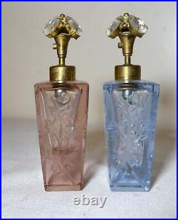 Pair of 2 vintage crystal glass perfume bottle rose brass stone atomizer bottle