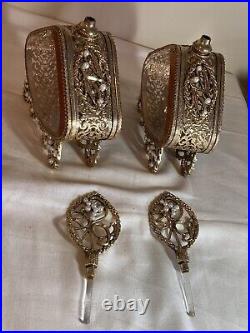 Pair of Ornate Ormulu Perfume Bottles Glass/Brass Pearls with Daubers 10