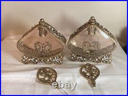 Pair of Ornate Ormulu Perfume Bottles Glass/Brass Pearls with Daubers 10