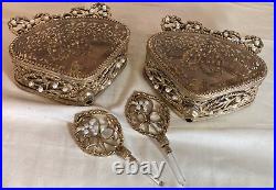 Pair of Ornate Ormulu Perfume Bottles Glass/Brass Pearls with Daubers 10