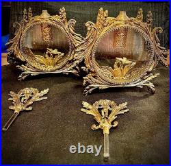 Pair of Vintage Ormolu Gold Filigree Cherub and Dove Perfume Bottles