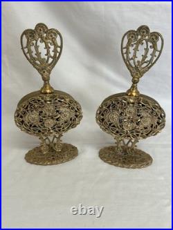 Pair of Vtg Ormolu Gold Metal Floral Filigree Perfume Bottles Hollywood Regency