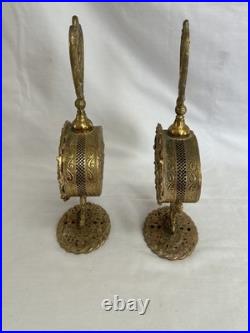 Pair of Vtg Ormolu Gold Metal Floral Filigree Perfume Bottles Hollywood Regency