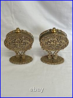 Pair of Vtg Ormolu Gold Metal Floral Filigree Perfume Bottles Hollywood Regency